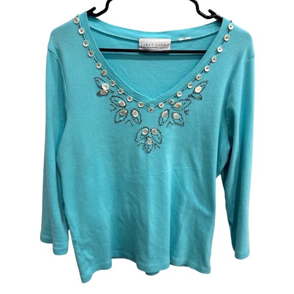 First Issue Turquoise Embellished V-Neck 3/4 Sleeve Womens Top Size M - Picture 1 of 8